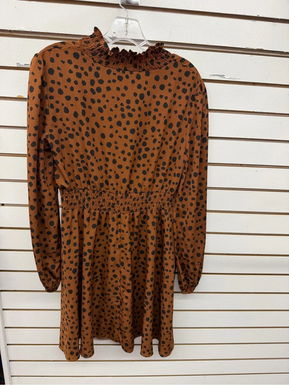 SHEIN Brown Dalmatian Print Smocked Waist Long Sleeve Mini Dress Size M